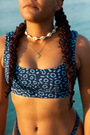 Close-up of Eagle Ray bikini top with blue marine animal print, eco-friendly active swimwear, scoop neck sports bra bikini top, sustainable swimwear UK, chlorine-resistant.