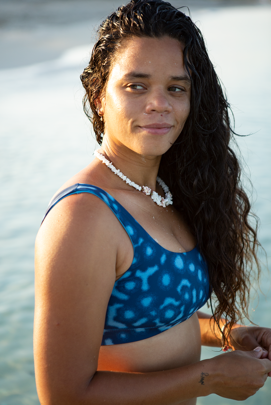 Whale Shark print scoop neck sports bra bikini top in blue marine animal print, eco-friendly active swimwear, chlorine-resistant, sustainable swimwear UK.