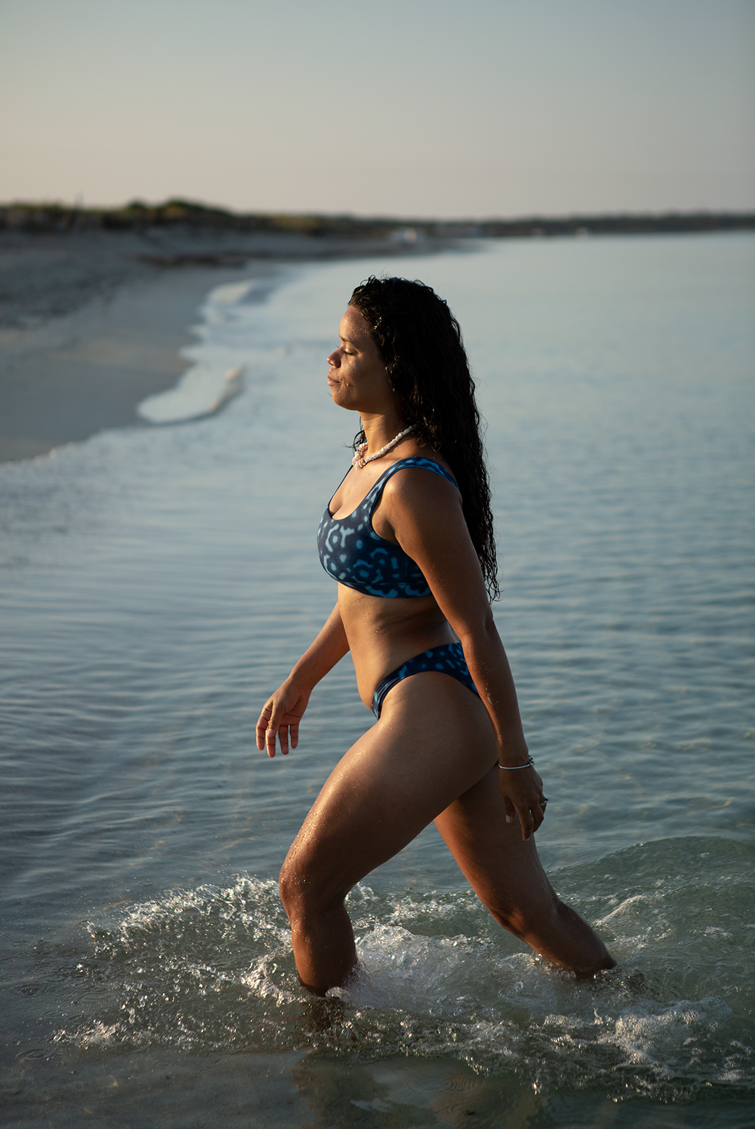 Whale Shark print scoop neck sports bra bikini top in blue marine animal print, eco-friendly active swimwear, chlorine-resistant, sustainable swimwear UK.