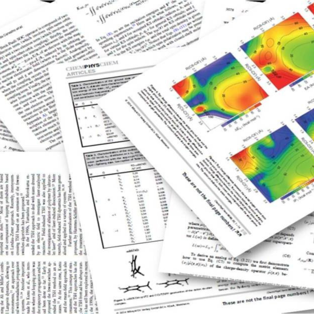 Scattered scientific papers with colorful topographic maps on a white background