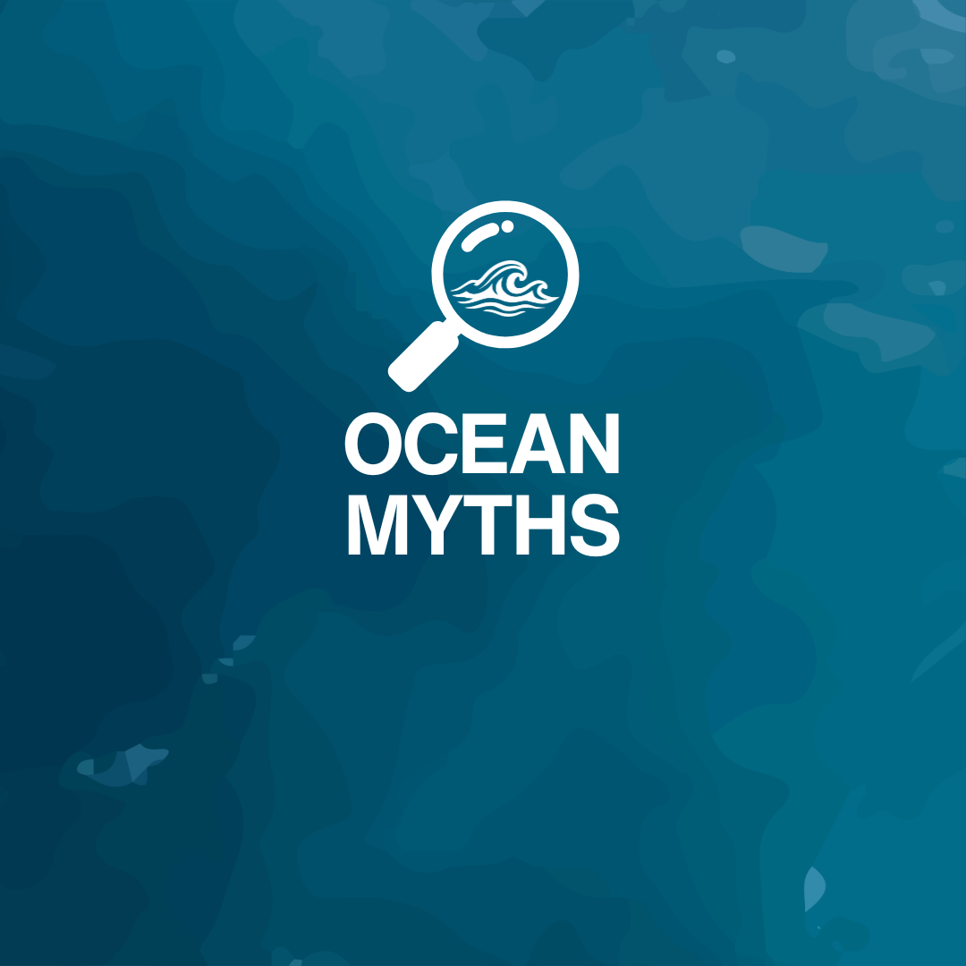 A digital graphic with a white magnifying glass icon containing ocean waves above the text 'OCEAN MYTHS' in white, set against a dark blue water-like background.