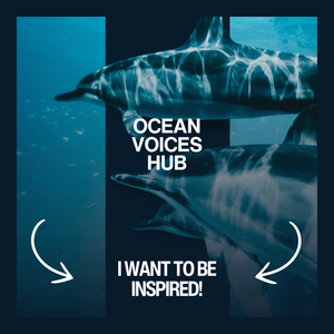 Two dolphins underwater with 'Ocean Voices Hub' text and 'I Want to be Inspired!' message.