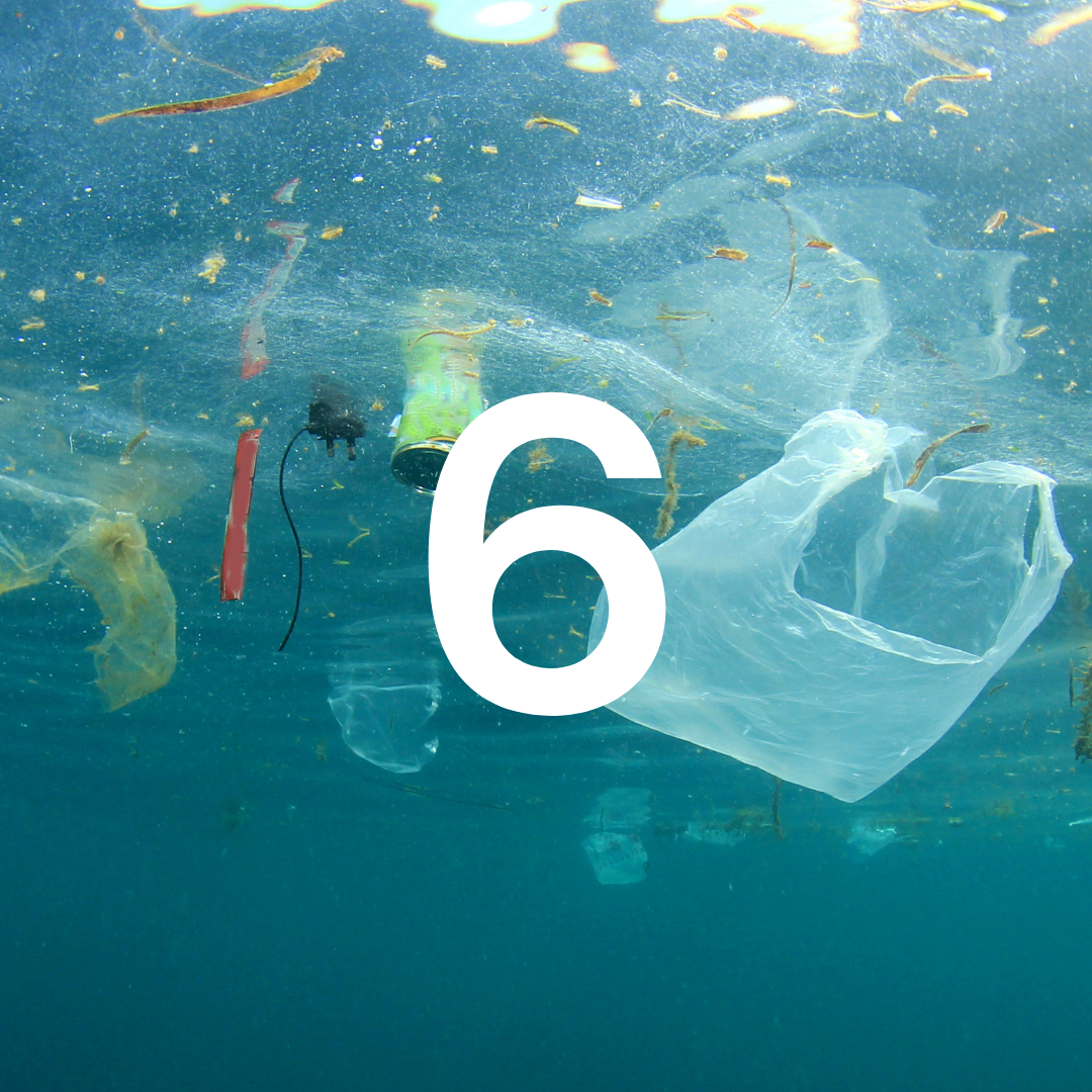 Plastic pollution in the ocean with a large number '6' superimposed.