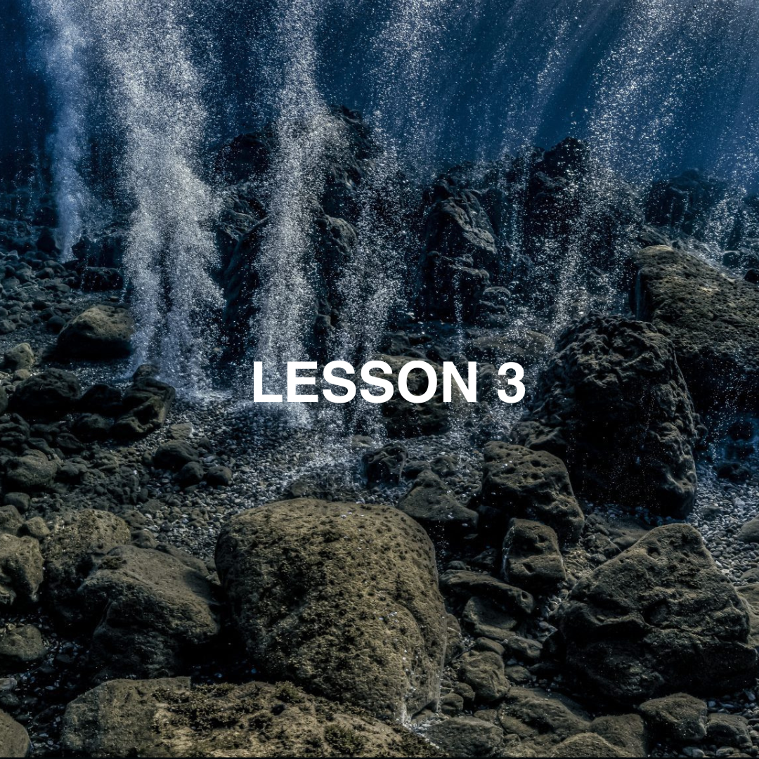 Hydrothermal vents over rocks with 'LESSON 3' text overlay.