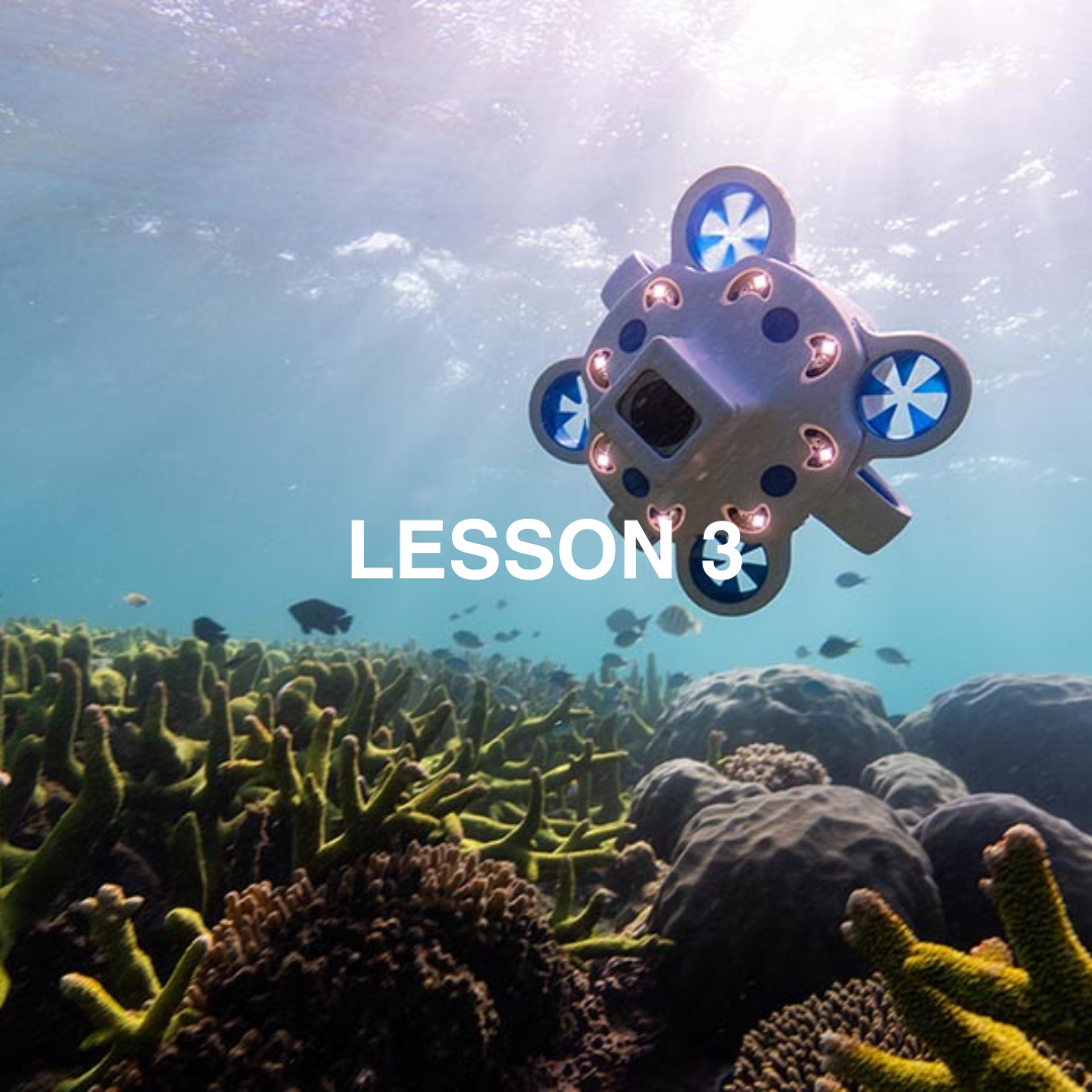 Underwater device on a coral reef with 'LESSON 3' text.