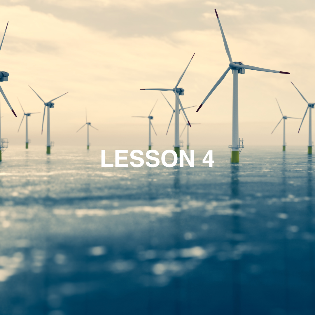 Offshore wind turbines in a body of water with the text 'LESSON 4'.
