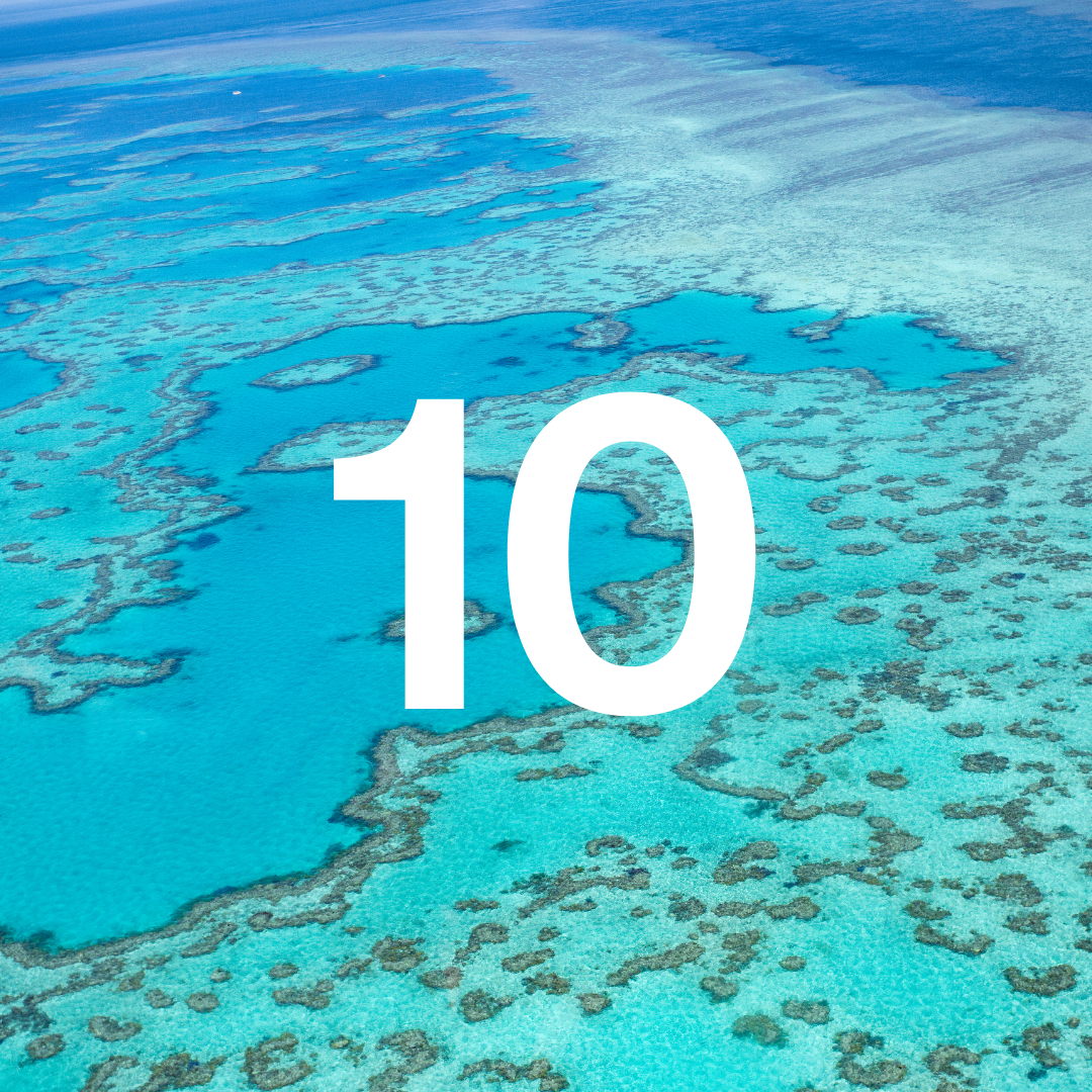 Aerial view of the Great Barrier Reef with the number '10' overlaid.