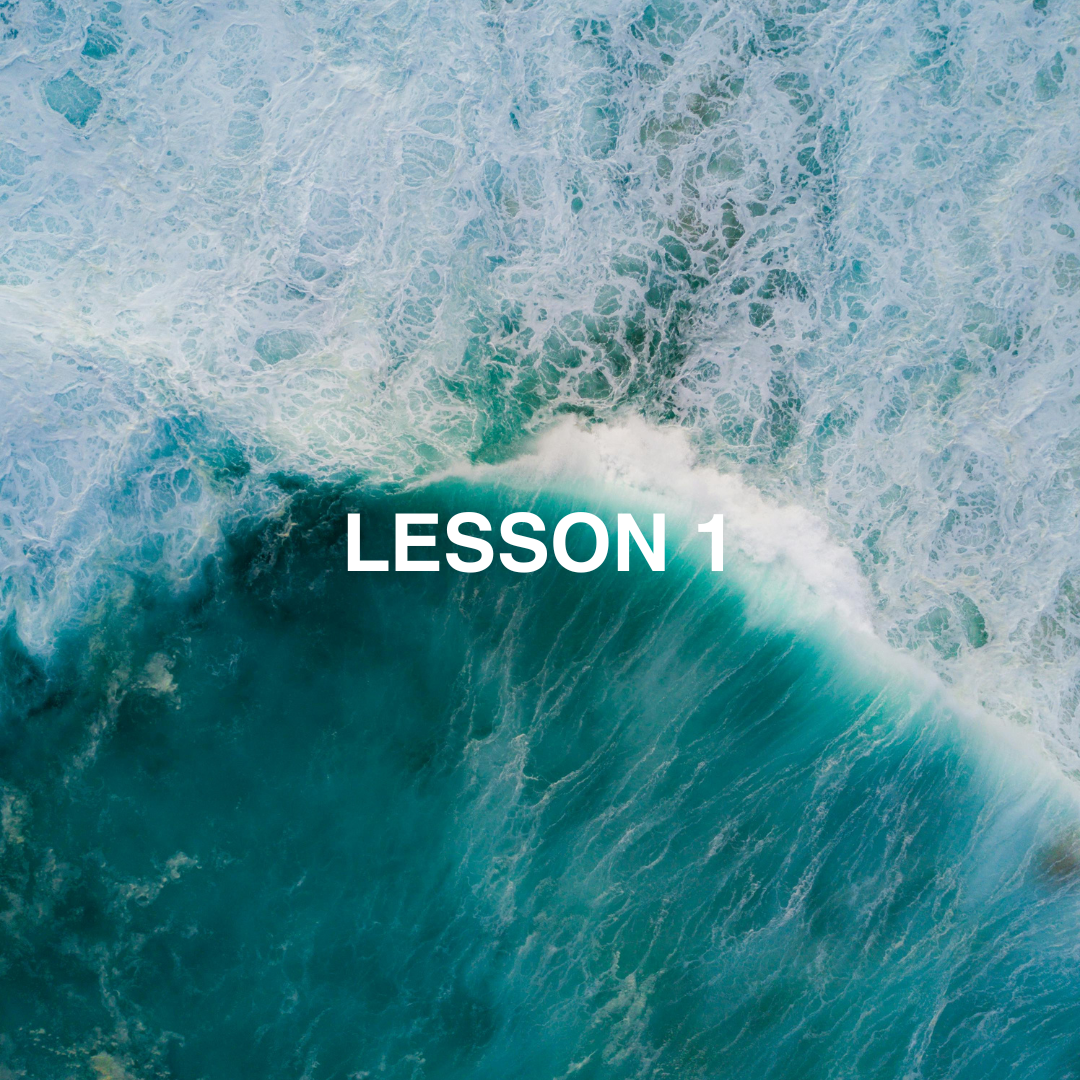 Aerial view wave forming with Lesson 1 text overlaid.