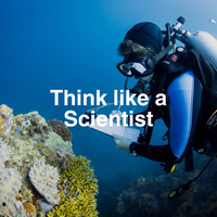 Diver underwater with text 'Think like a Scientist' on a blue background
