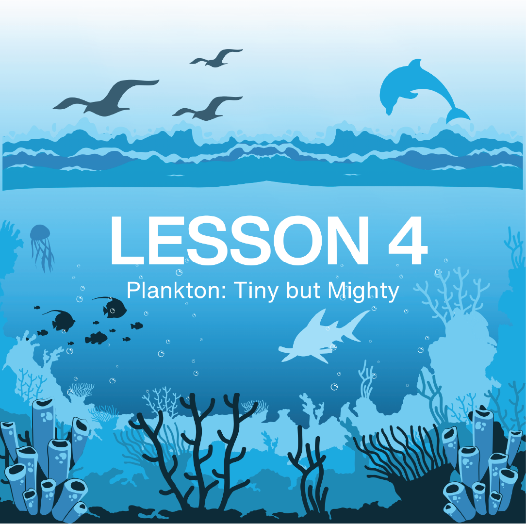Underwater scene with marine life and text 'LESSON 4 Plankton: Tiny but Mighty' on a blue background , from NAUTRA's BE THE WAVE Educational Platform.