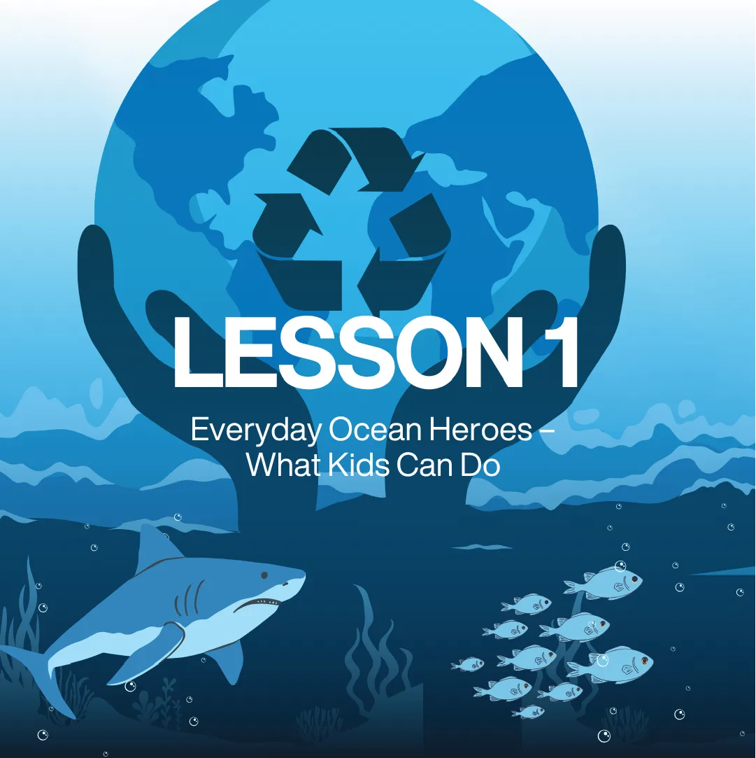 Underwater scene with hands holding a recycling symbol over a globe, promoting environmental education -- from NAUTRA's BE THE WAVE Educational Platform.
