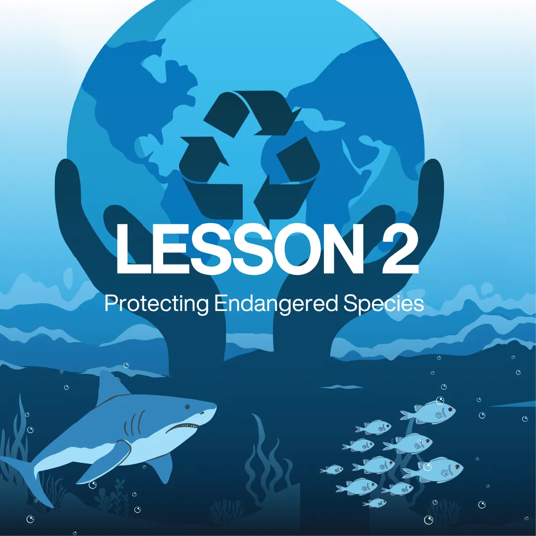 Lesson 2 cover with hands holding a recycling symbol over an underwater scene with a shark and fish - from NAUTRA's BE THE WAVE Educational Platform.