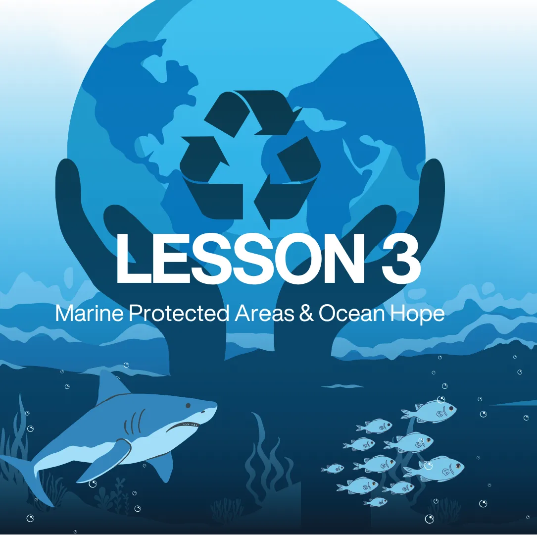 Lesson 3 cover with hands holding a recycling symbol over an underwater scene with fish and a shark - from NAUTRA's BE THE WAVE Educational Platform.
