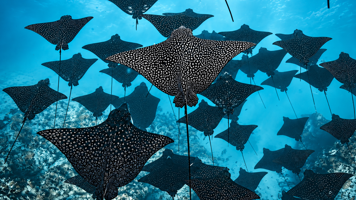 A school of black and white spotted eagle rays swimming in clear blue ocean water above a coral reef.