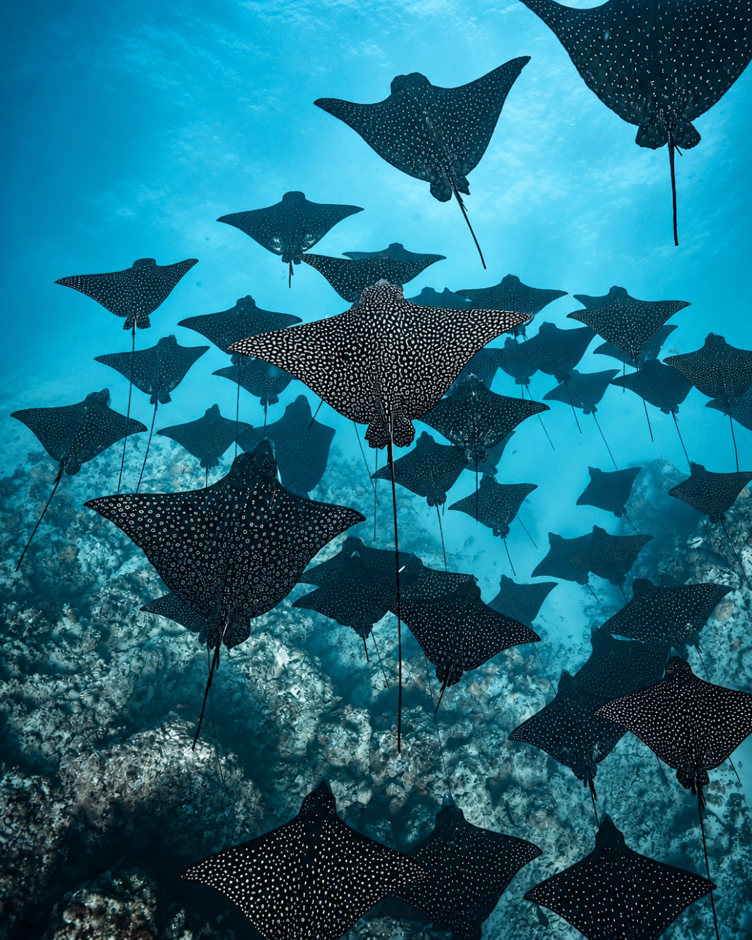 A school of spotted black and white stingrays swimming in clear blue ocean water above a coral reef.