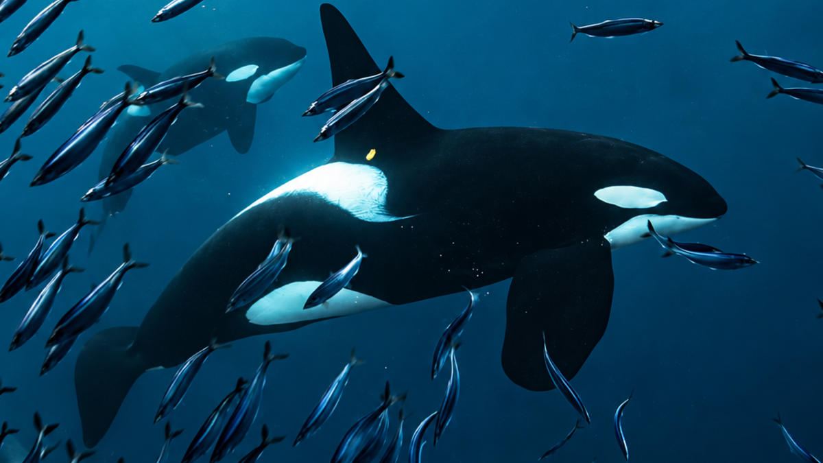 Underwater photograph of an orca swimming in deep blue ocean water, surrounded by small silver fish.