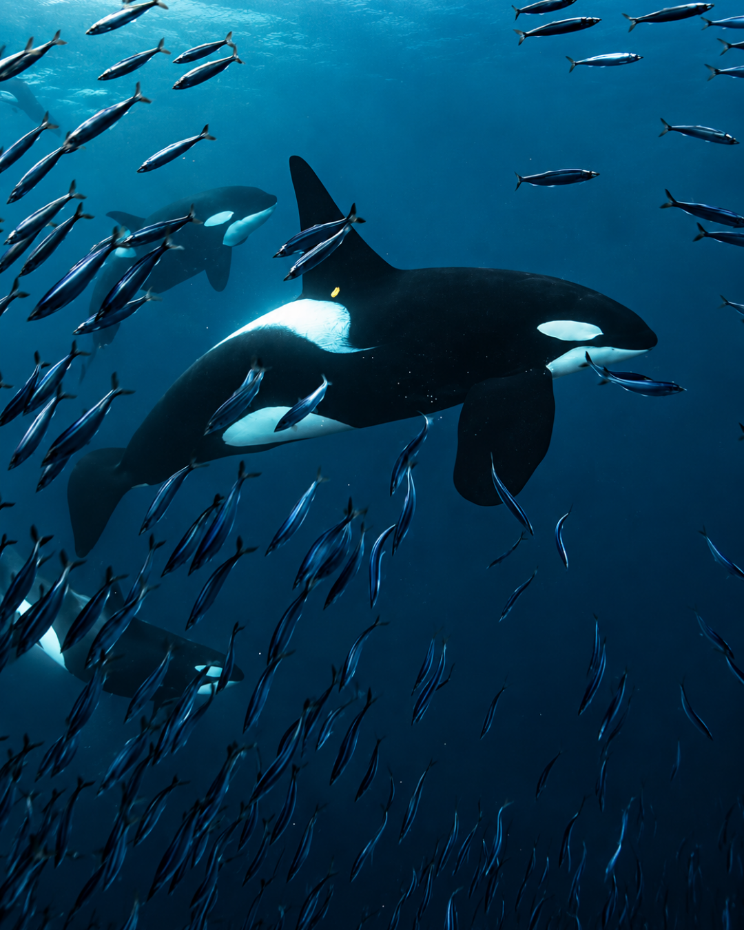 Underwater photograph of an orca swimming in deep blue ocean water, surrounded by a large school of small silver fish.
