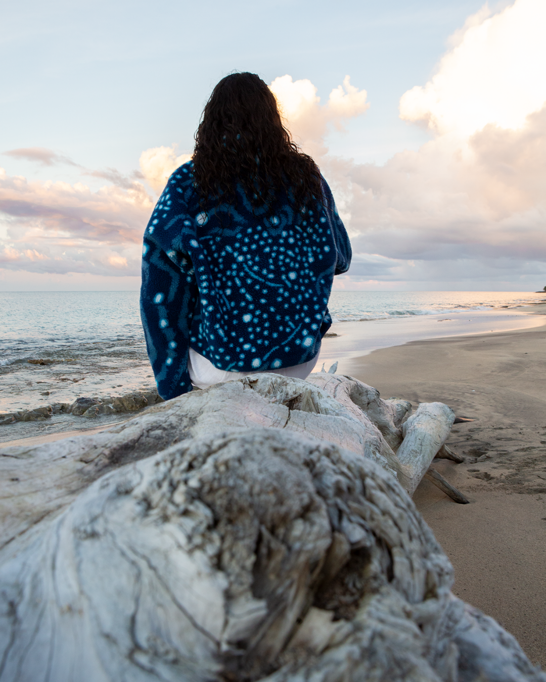 A woman sits on a large piece of driftwood on a beach, viewed from behind as she looks out toward the ocean under a cloudy sky. She is wearing the NAUTRA whale shark fleece jacket.
