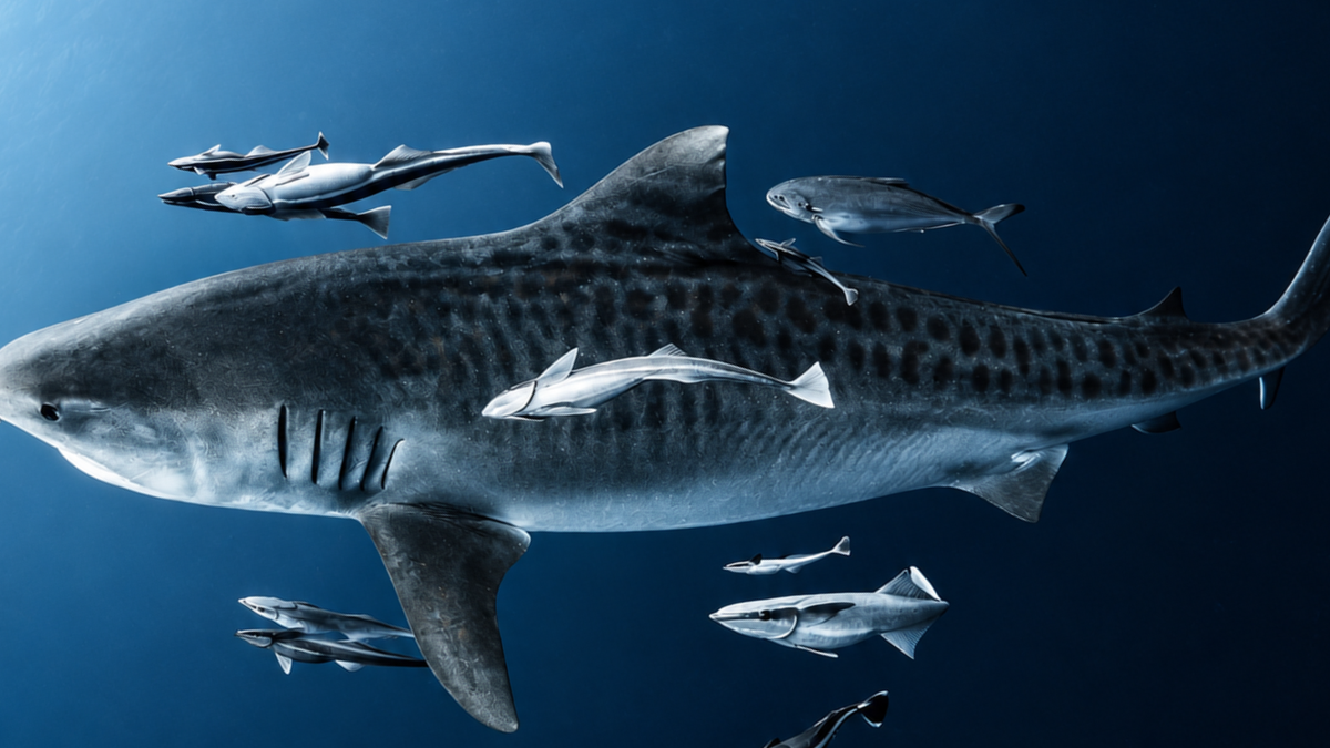 A large tiger shark swims through deep blue ocean water, surrounded by several smaller fish. The scene is photographed from below, showing the shark's side profile and the fish around it.