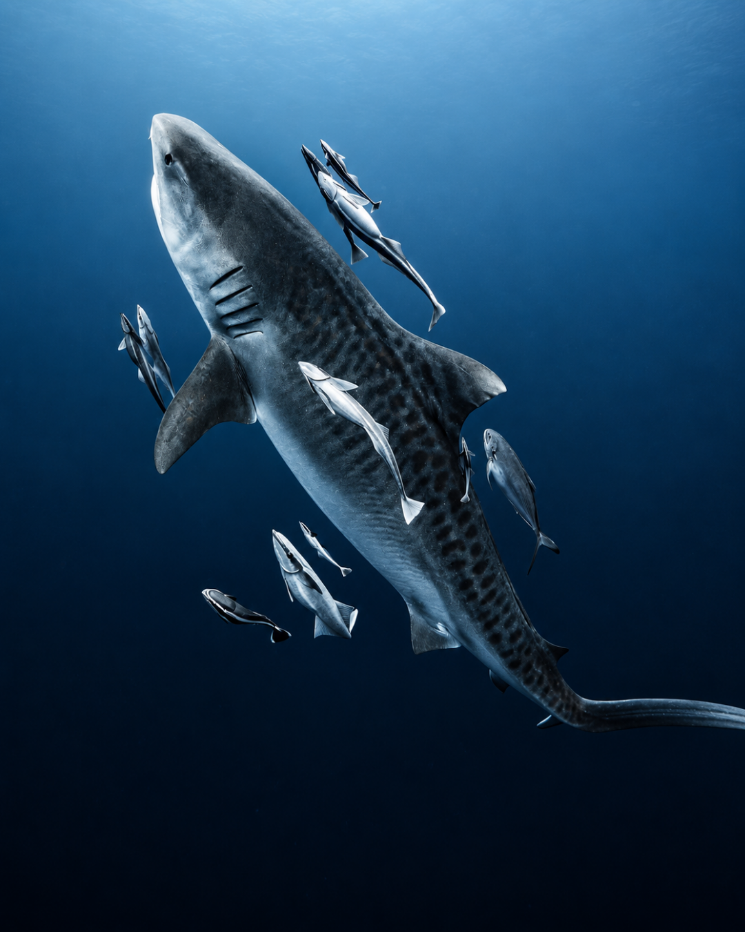 An underwater photograph of a shark swimming through deep blue ocean water, surrounded by several small fish.