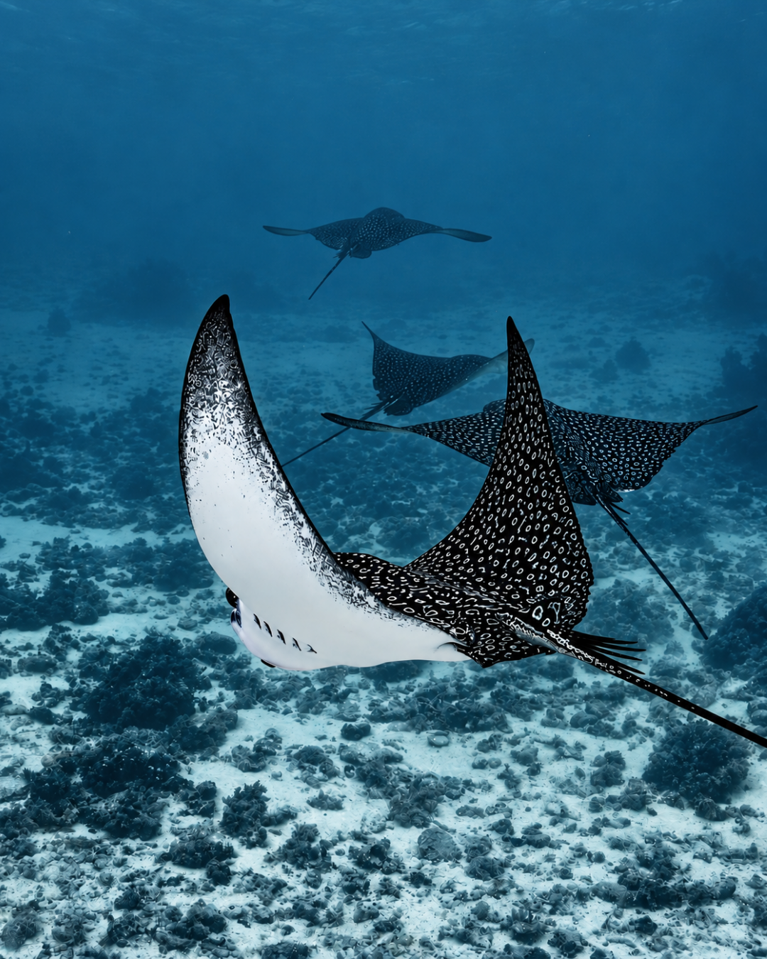 Underwater ocean scene showing several eagle rays swimming over a coral reef in deep blue water.