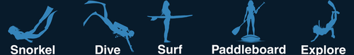 Set of icons representing snorkeling, diving, surfing, paddleboarding, and exploring on a blue background.