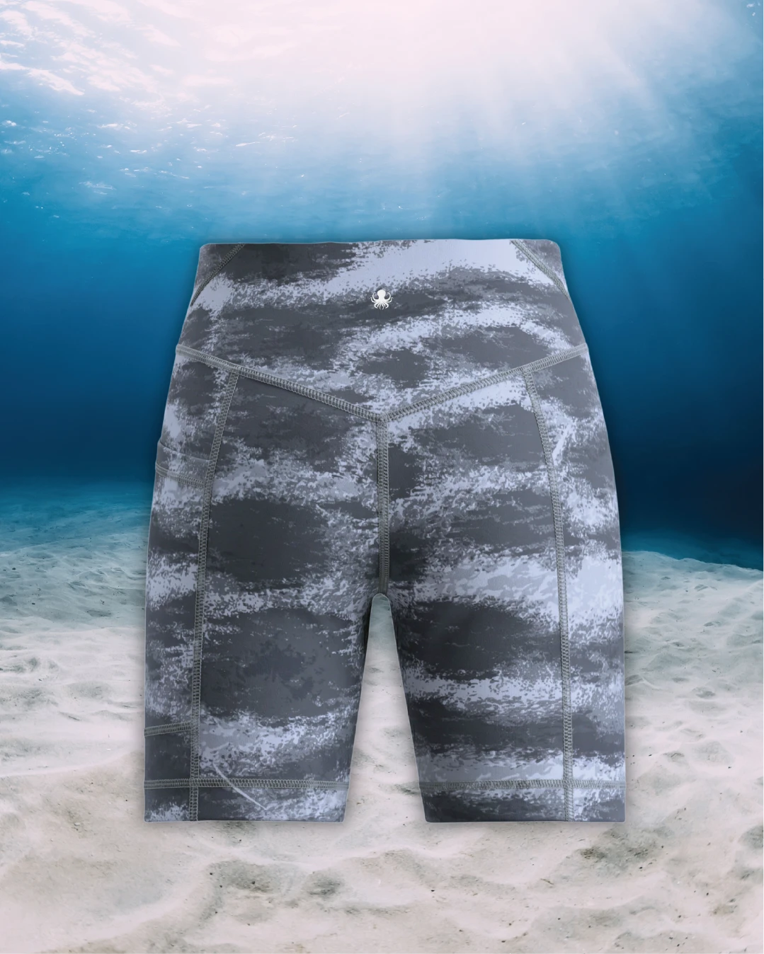 Tiger Shark Active Swim Biker Shorts back view on ghost mannequin, made from recycled fishing nets and designed for movement in and around the water.