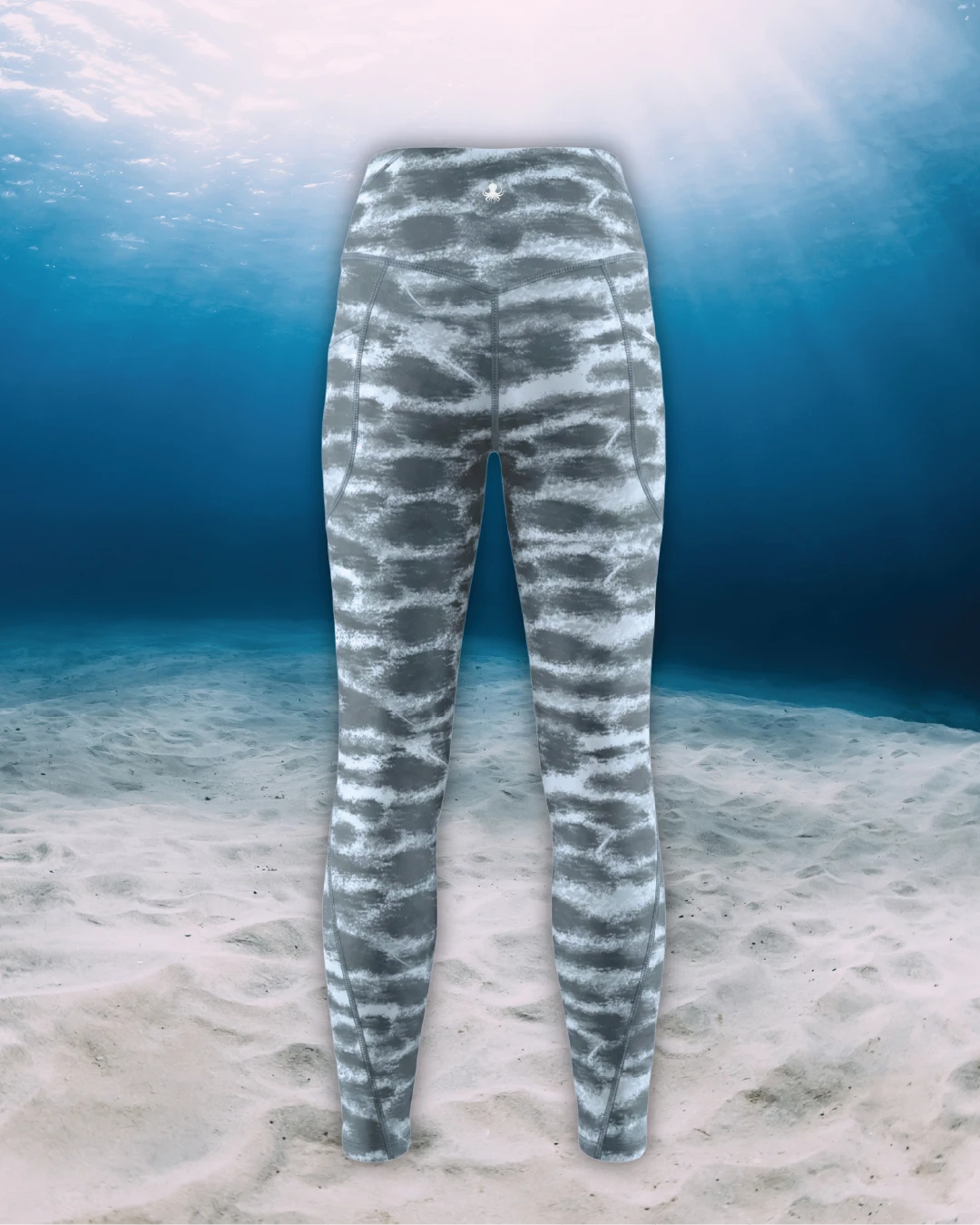 Tiger Shark Full Length Active Swim Leggings back view on ghost mannequin, made from recycled fishing nets and designed for movement in and around the water.