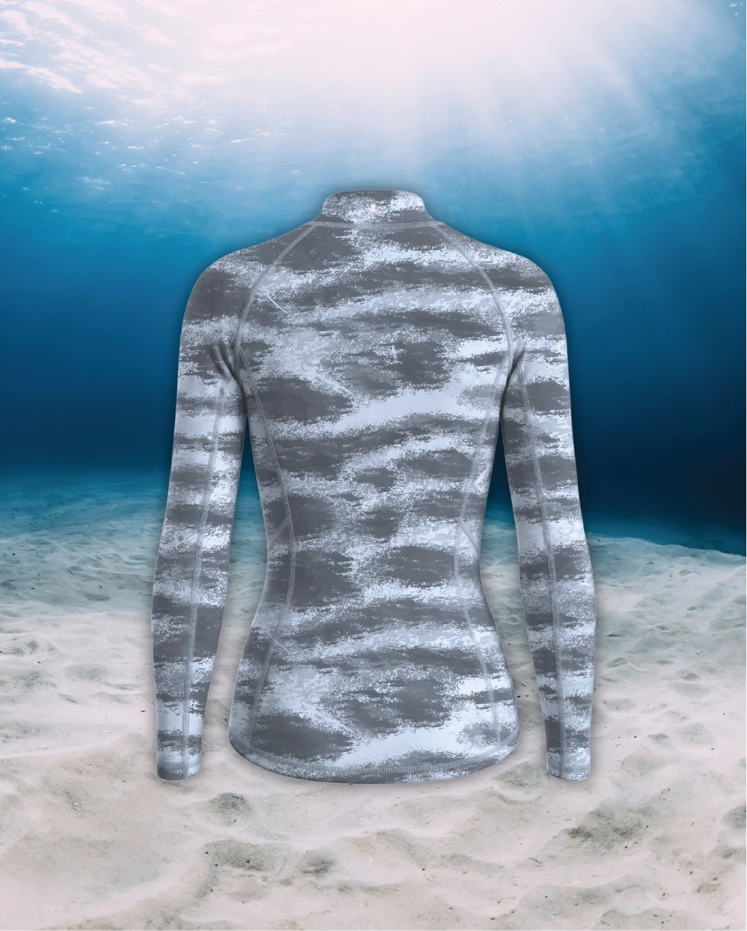 Tiger Shark Long Sleeve Rashguard back view on ghost mannequin, made from recycled fishing nets and designed for movement in and around the water.