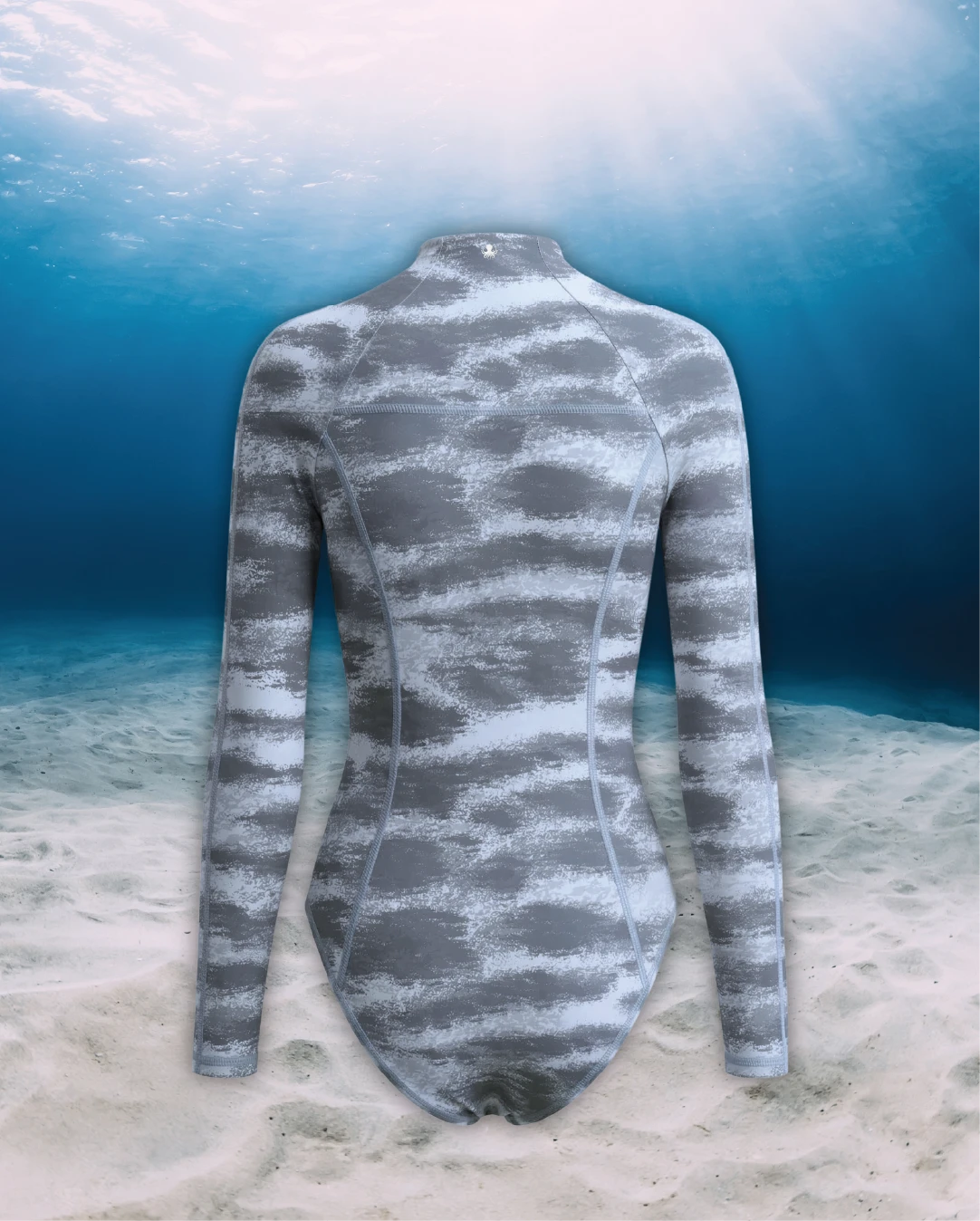 Tiger Shark Long Sleeve Swimsuit back view on ghost mannequin, made from recycled fishing nets and designed for movement in and around the water.