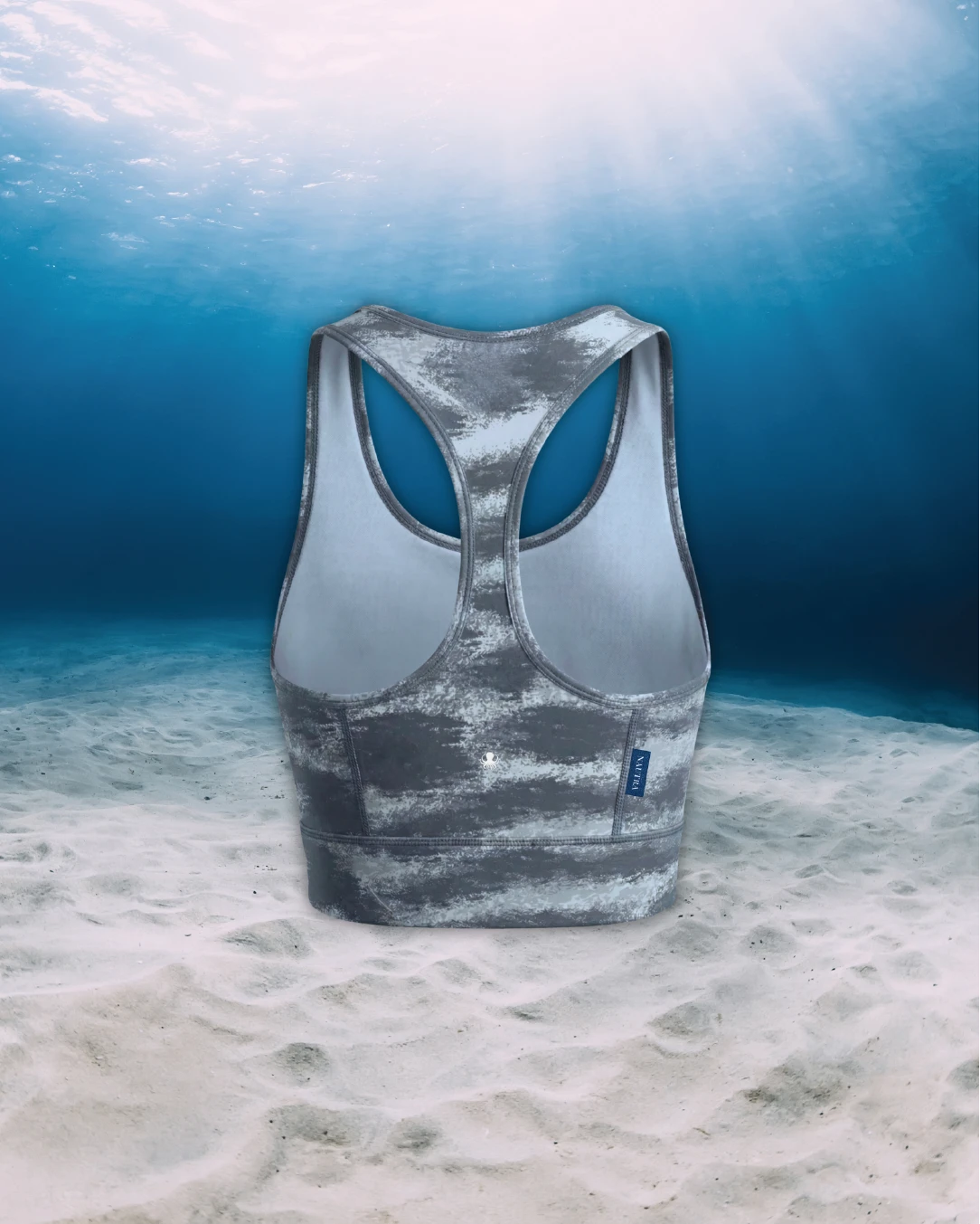 Tiger Shark Racer Back Zip Sports Bra Bikini Top back view on ghost mannequin, made from recycled fishing nets and designed for movement in and around the water.