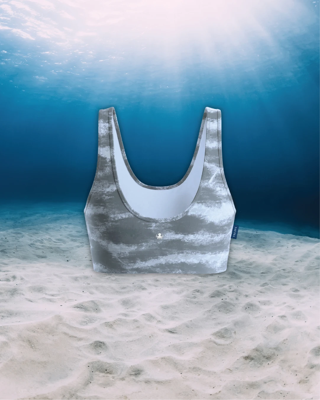 Tiger Shark Scoop Neck Sports Bra Bikini Top back view on ghost mannequin, made from recycled fishing nets and designed for movement in and around the water.