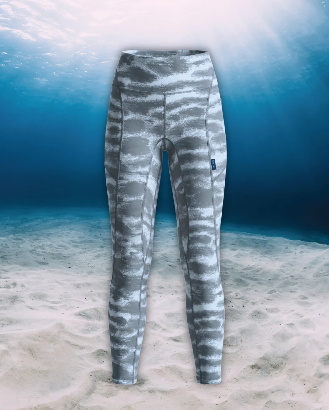 Tiger Shark Full Length Active Swim Leggings front view on ghost mannequin, made from recycled fishing nets and designed for movement in and around the water.