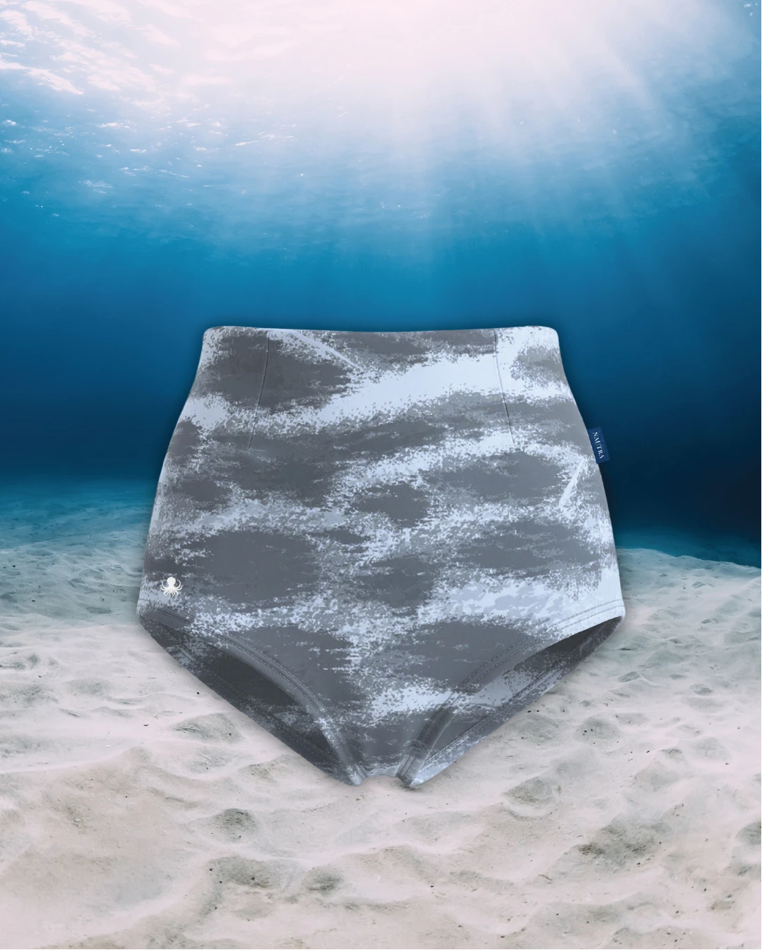 Tiger Shark High Waisted Surf Shorts front view on ghost mannequin, made from recycled fishing nets and designed for movement in and around the water.