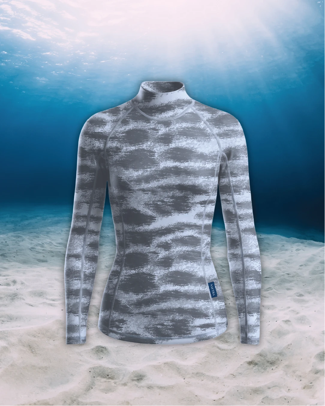 Tiger Shark Long Sleeve Rashguard front view on ghost mannequin, made from recycled fishing nets and designed for movement in and around the water.