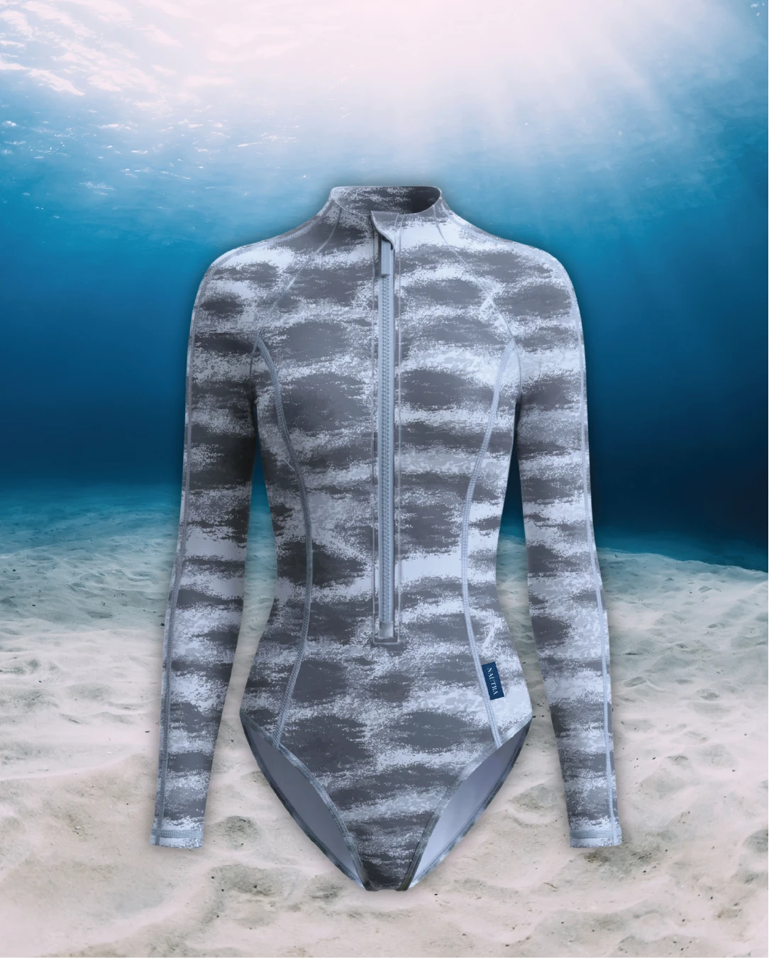 Tiger Shark Long Sleeve Swimsuit front view on ghost mannequin, made from recycled fishing nets and designed for movement in and around the water.
