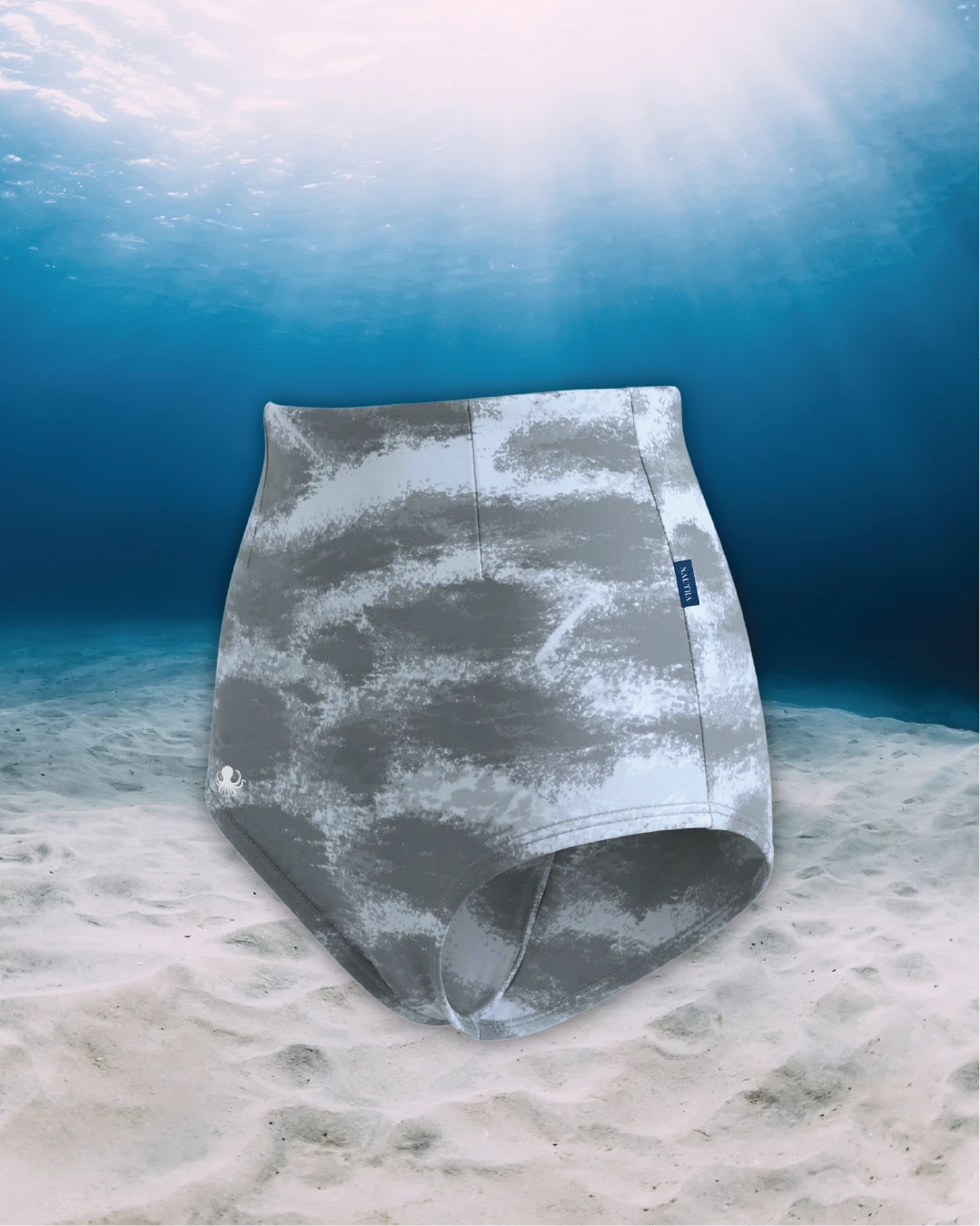 Tiger Shark High Waisted Surf Shorts side view on ghost mannequin, made from recycled fishing nets and designed for movement in and around the water.