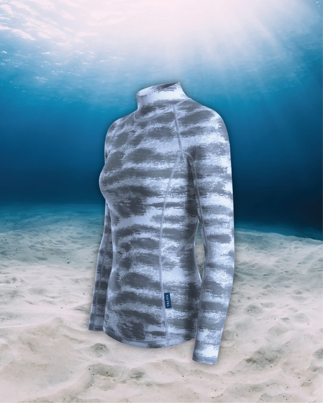 Tiger Shark Long Sleeve Rashguard side view on ghost mannequin, made from recycled fishing nets and designed for movement in and around the water.
