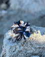 Wahoo print striped scrunchie on a textured rock surface